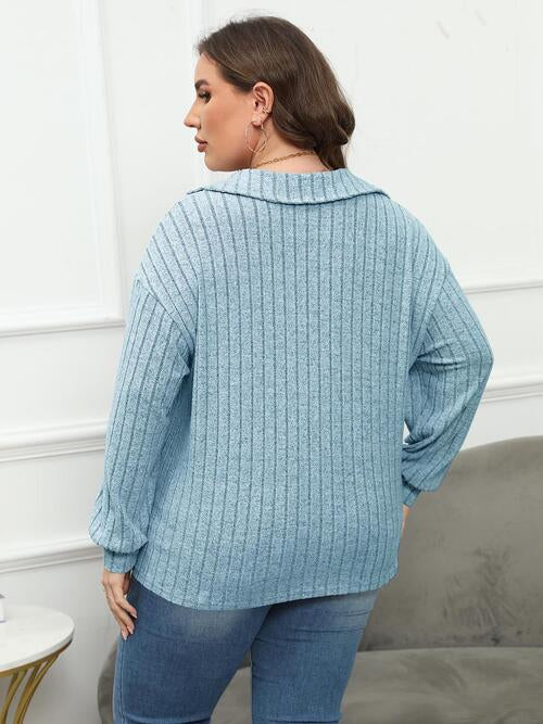 Plus Size Ribbed Collared Neck Long Sleeve Blouse | 1mrk.com