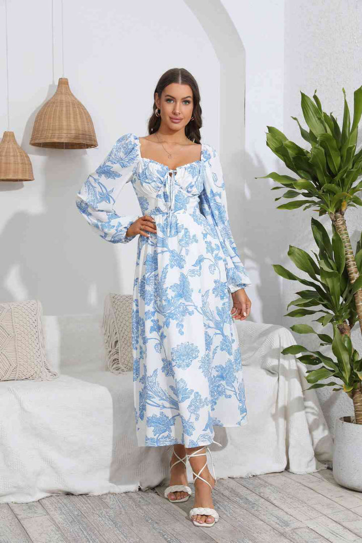 Floral Tie Front Sweetheart Neck Midi Dress |1mrk.com