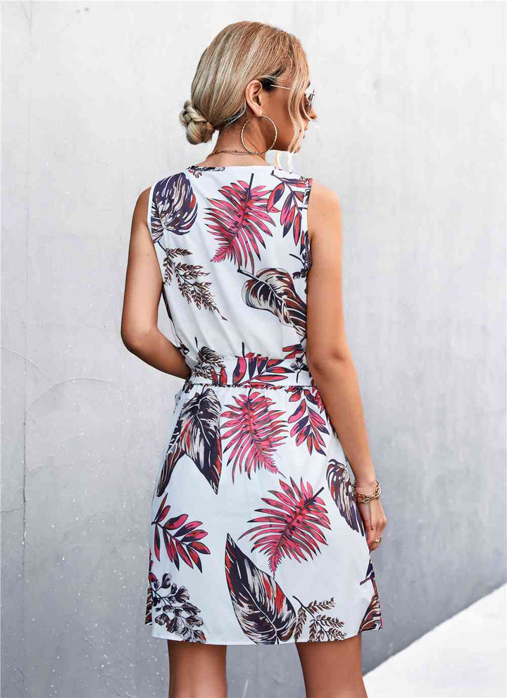 Printed Zip Detail Belted Sleeveless Dress |1mrk.com