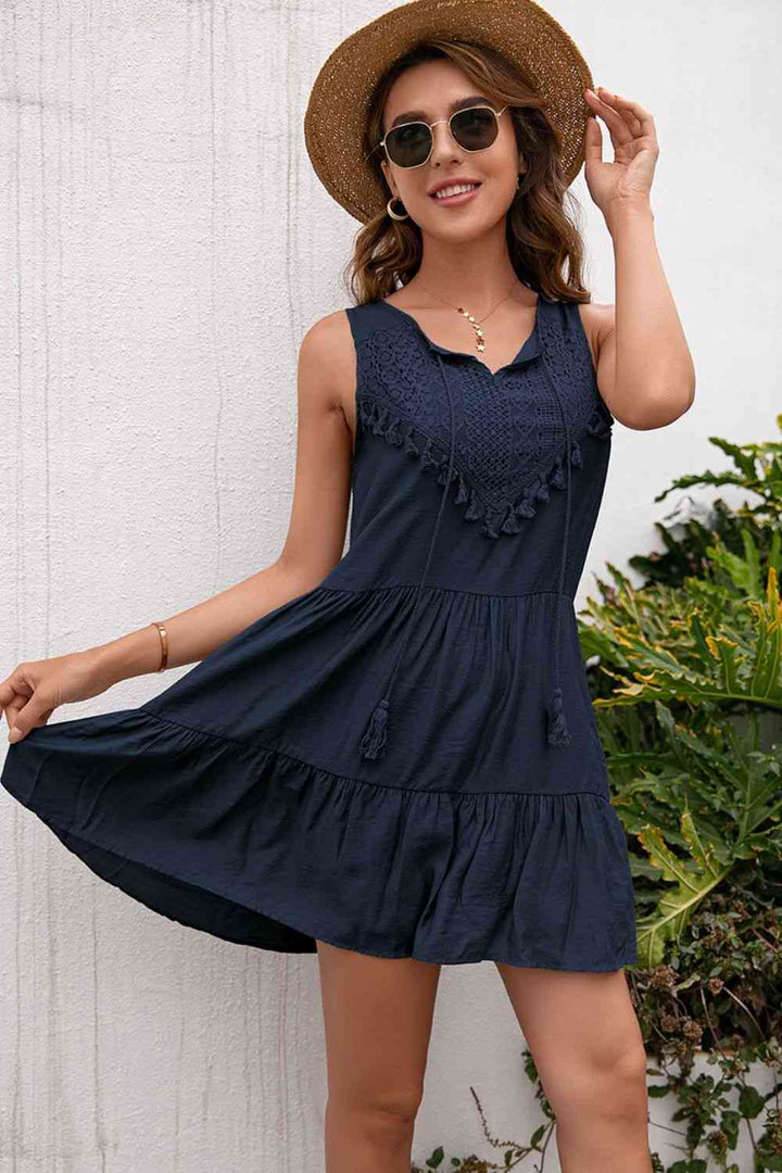 Tassel Tie Lace Trim Sleeveless Dress |1mrk.com