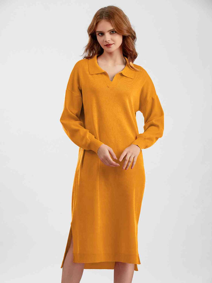 Johnny Collar Long Sleeve Slit Sweater Dress |1mrk.com