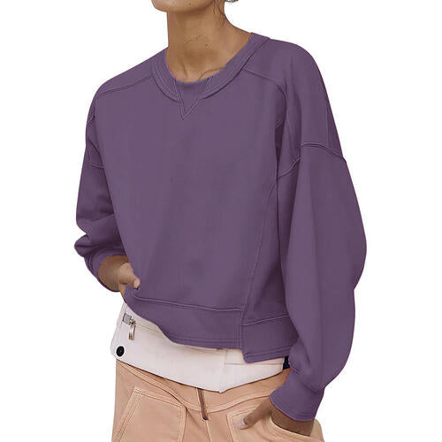 Round Neck Drop Shoulder Long Sleeve Sweatshirt |1mrk.com