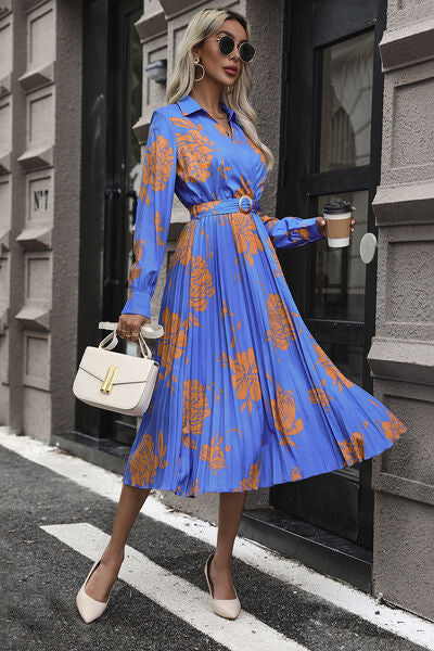 Floral Pleated Surplice Long Sleeve Midi Dress |1mrk.com