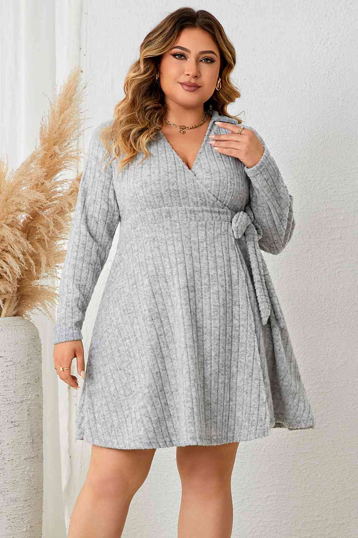 Plus Size Collared Neck Long Sleeve Tied Dress |1mrk.com