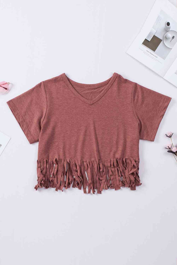 V-Neck Fringe Hem T-Shirt | 1mrk.com