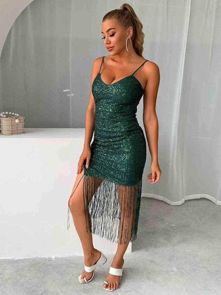 Sequin Fringe Spaghetti Strap Dress | 1mrk.com