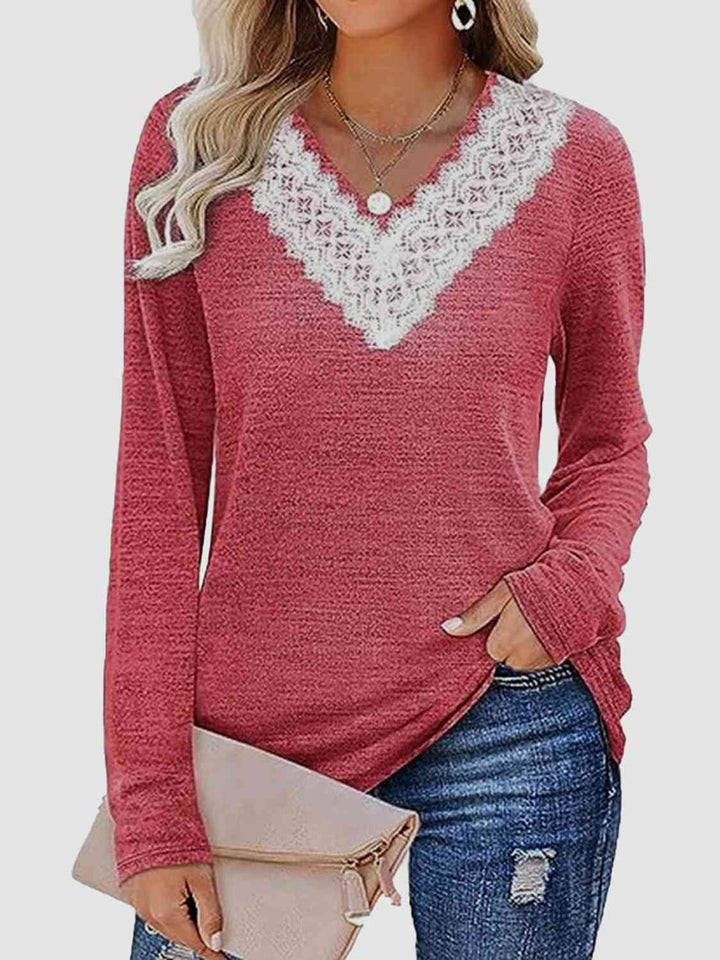 Lace Detail V-Neck Long Sleeve Top | 1mrk.com