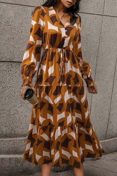 Printed Tied Pocketed Lantern Sleeve Dress | 1mrk.com