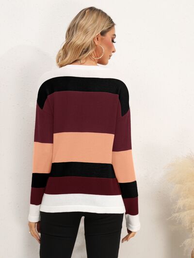 Striped Round Neck Dropped Shoulder Sweater |1mrk.com