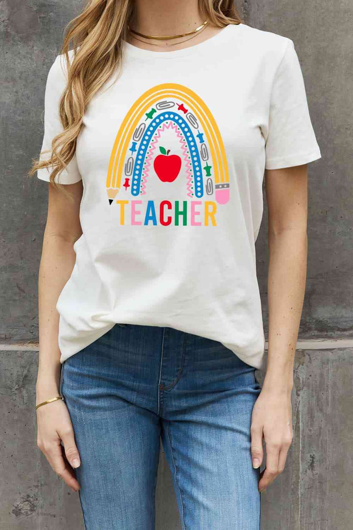 Simply Love Full Size TEACHER Rainbow Graphic Cotton Tee | 1mrk.com