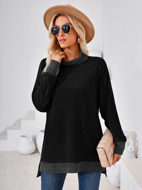 Contrast Mock Neck Long Sleeve T-Shirt | 1mrk.com