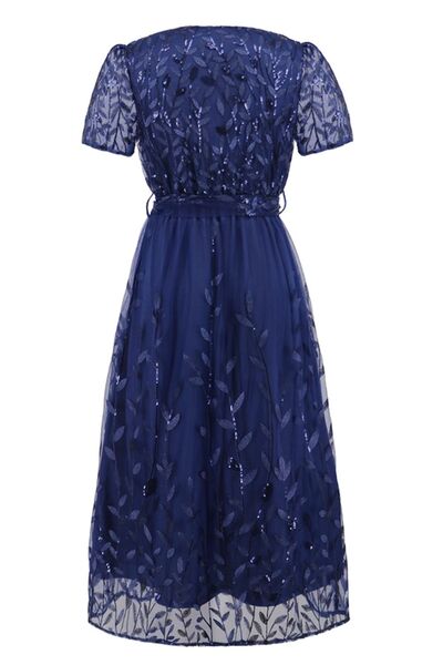 Sequin Leaf Embroidery Tie Front Short Sleeve Dress |1mrk.com