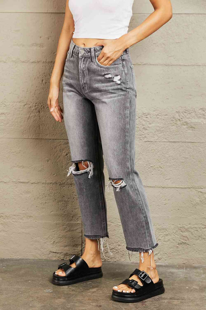 BAYEAS Stone Wash Distressed Cropped Straight Jeans | 1mrk.com