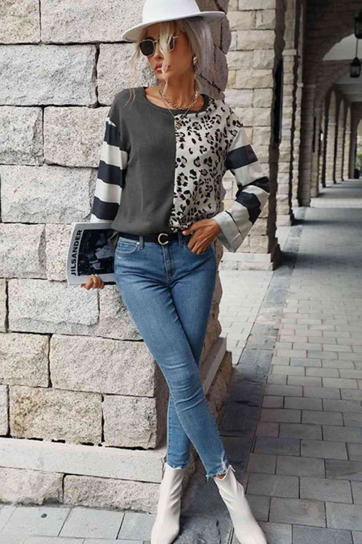 Leopard Striped Round Neck Long Sleeve Tee | 1mrk.com