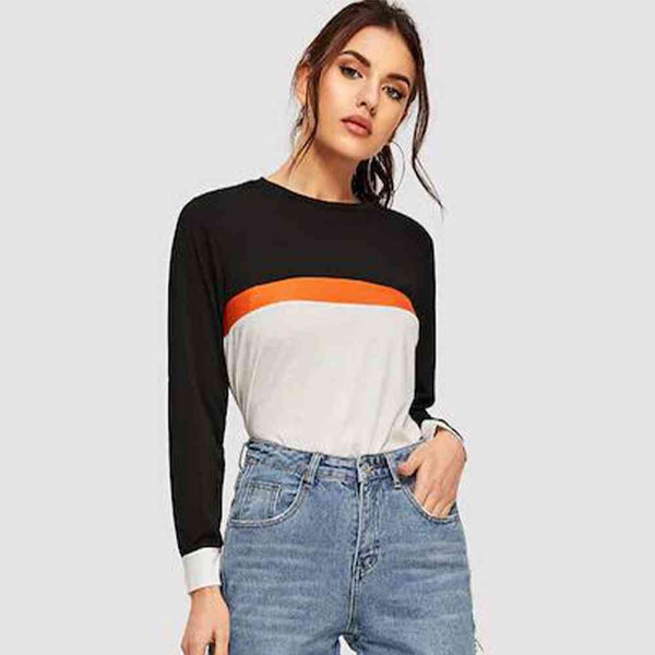 Color Block Round Neck Long Sleeve Tee | 1mrk.com