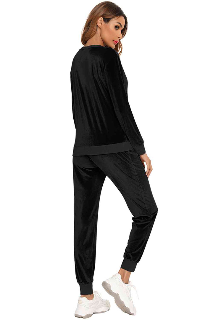 Round Neck Long Sleeve Loungewear Set with Pockets | 1mrk.com