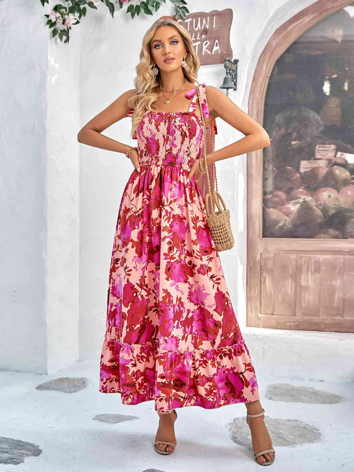 Floral Tie-Shoulder Frill Trim Smocked Dress |1mrk.com