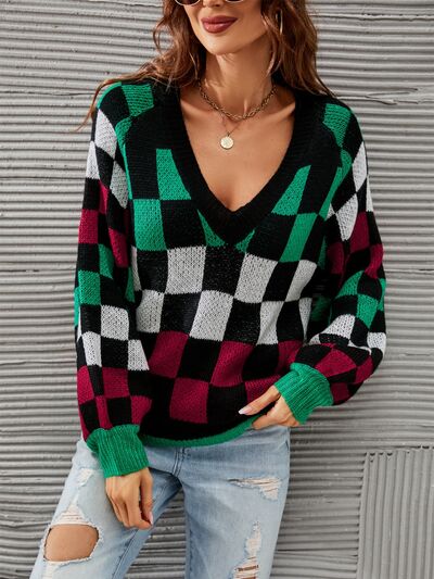 Checkered V-Neck Lantern Sleeve Sweater |1mrk.com