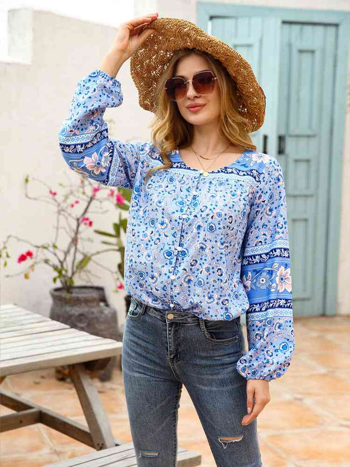 Full Size Bohemian Round Neck Balloon Sleeve Shirt |1mrk.com