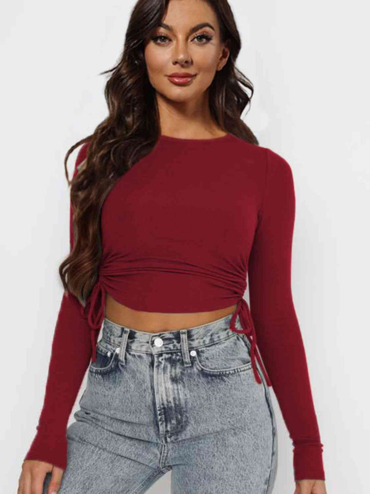 Drawstring Round Neck Long Sleeve Top | 1mrk.com