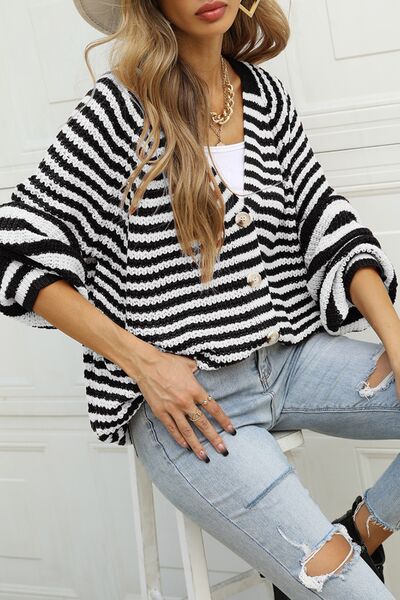 Striped Button Up Long Sleeve Cardigan |1mrk.com