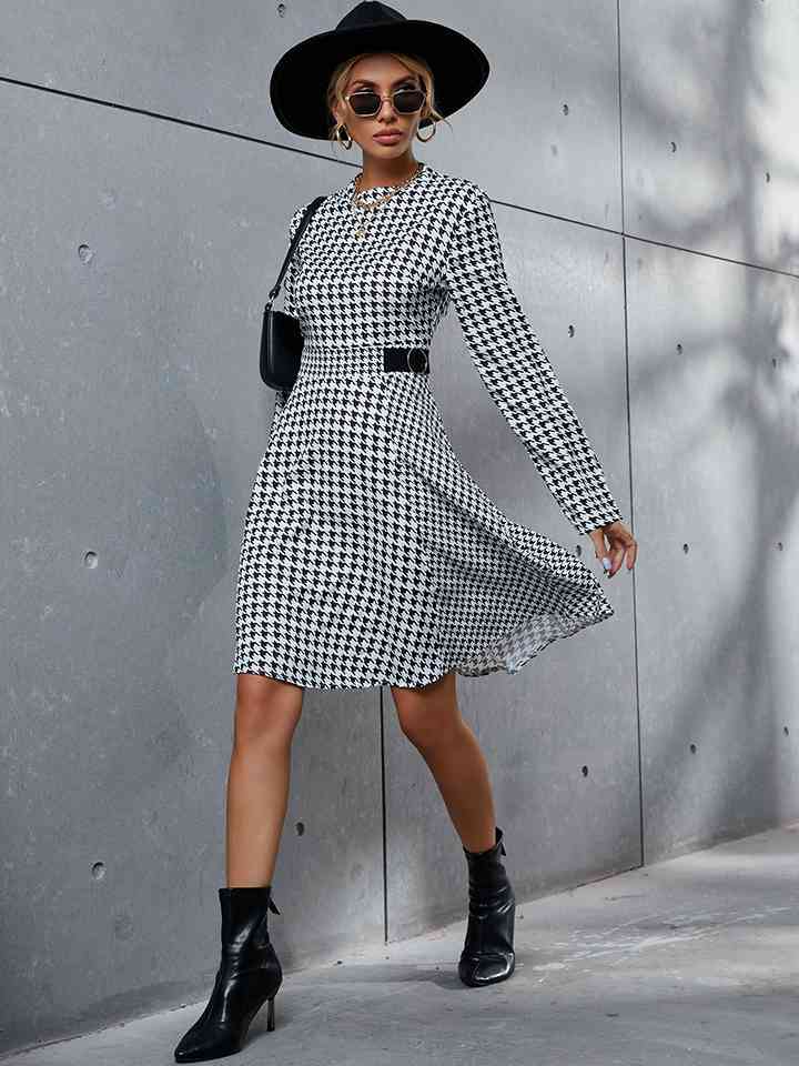 Houndstooth Long Sleeve Round Neck Dress |1mrk.com