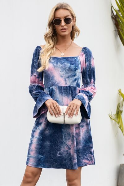 Tie-Dye Square Neck Flounce Sleeve Dress |1mrk.com