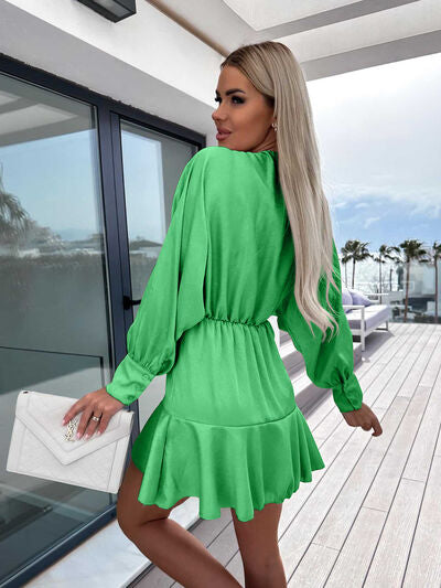 Surplice Ruffle Hem Lantern Sleeve Mini Dress |1mrk.com