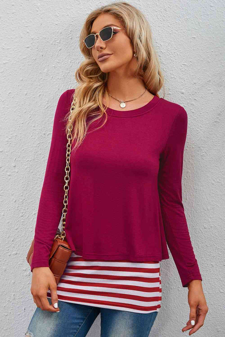 Full Size Striped Faux Layered Long Sleeve Top | 1mrk.com