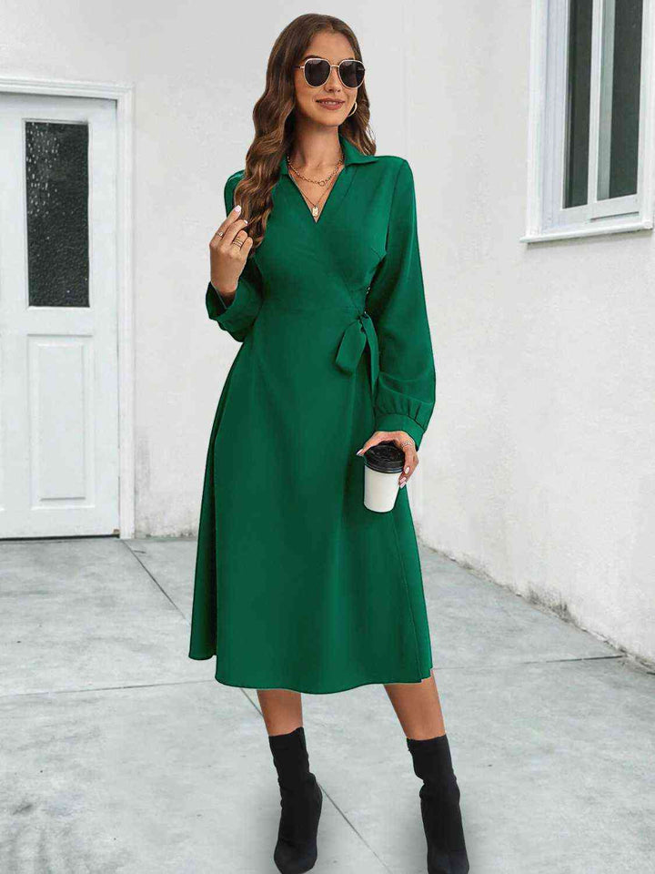 Collared Tied Long Sleeve Dress |1mrk.com