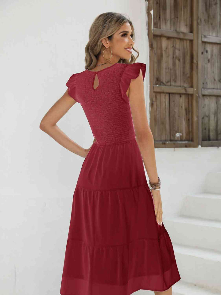 Smocked Round Neck Tiered Dress |1mrk.com