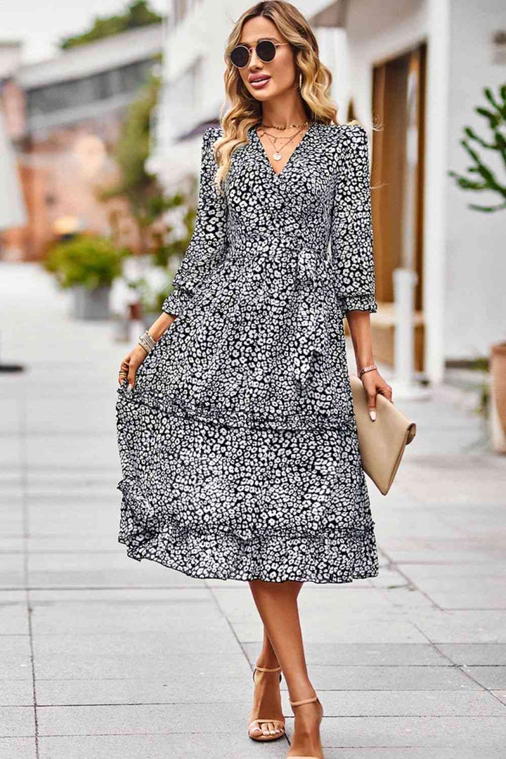 Leopard Surplice Tie Belt Slit Dress |1mrk.com