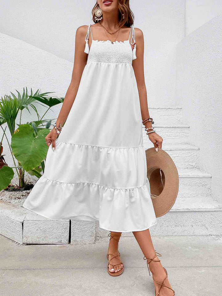 Tie-Shoulder Smocked Tiered Midi Dress |1mrk.com