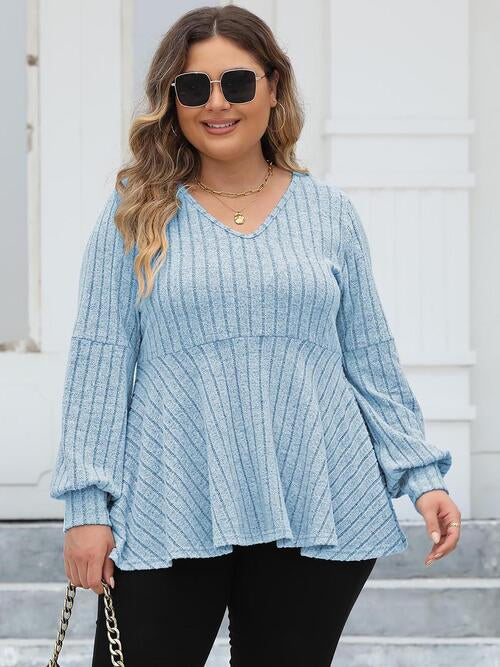 Plus Size Ribbed V-Neck Long Sleeve Blouse | 1mrk.com