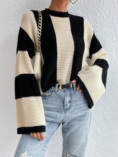 Striped Mock Neck Long Sleeve Sweater | Trendsi