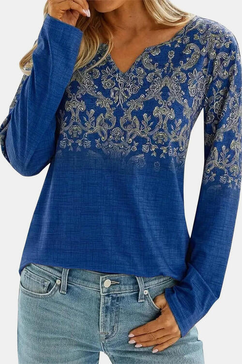 Printed Notched Long Sleeve T-Shirt | 1mrk.com