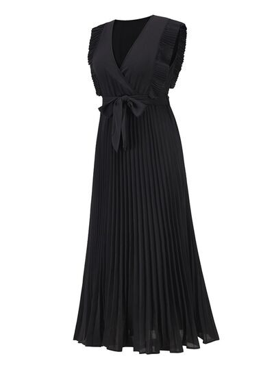 Tied Surplice Cap Sleeve Pleated Dress |1mrk.com