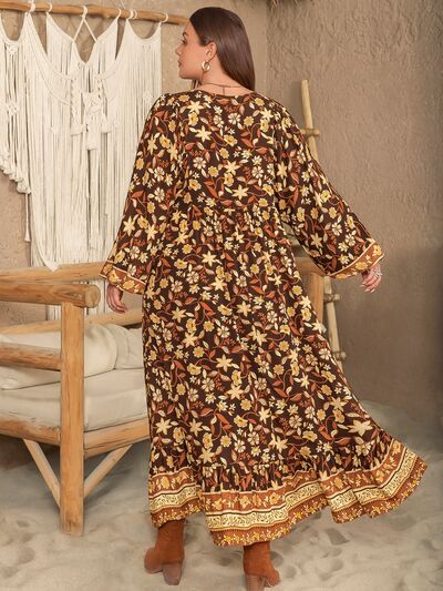 Plus Size Printed V-Neck Balloon Sleeve Dress |1mrk.com