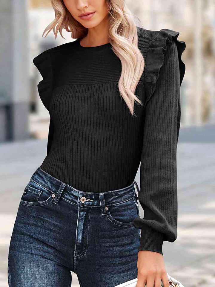 Ribbed Ruffled Round Neck Long Sleeve Knit-Top |1mrk.com