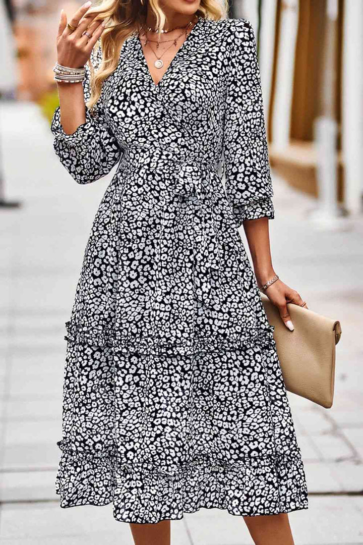 Leopard Surplice Tie Belt Slit Dress |1mrk.com