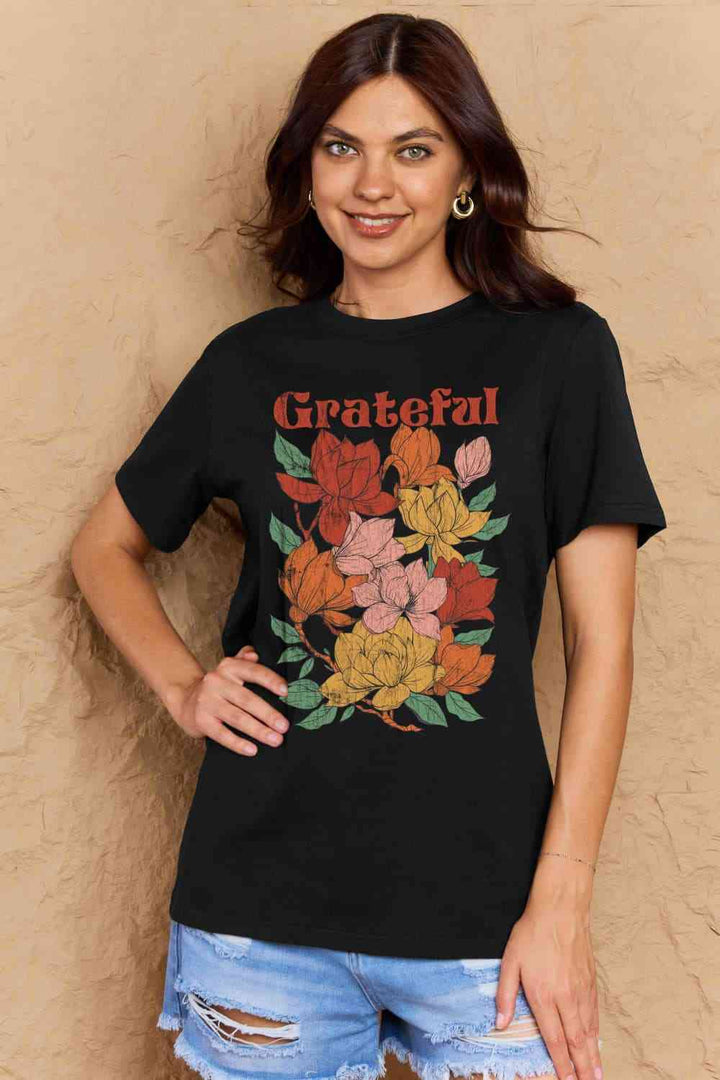 Simply Love Full Size GRATEFUL Flower Graphic Cotton T-Shirt | 1mrk.com