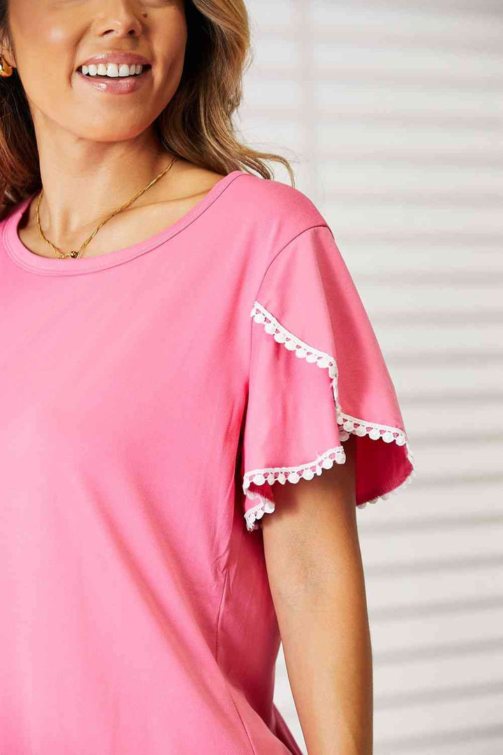 Double Take Pom-Pom Trim Flutter Sleeve Round Neck T-Shirt | 1mrk.com