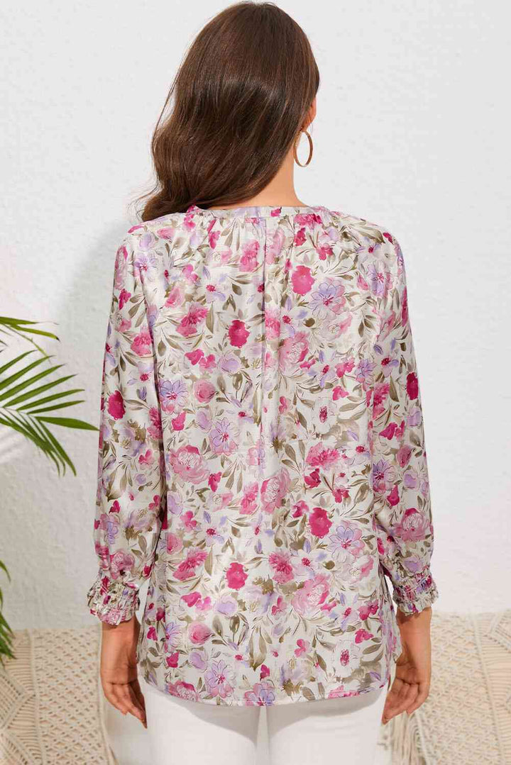 Double Take Floral V-Neck Long Sleeve Shirt |1mrk.com