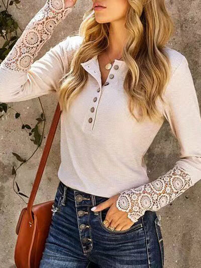 Lace Detail Half Button Long Sleve Knit Top |1mrk.com