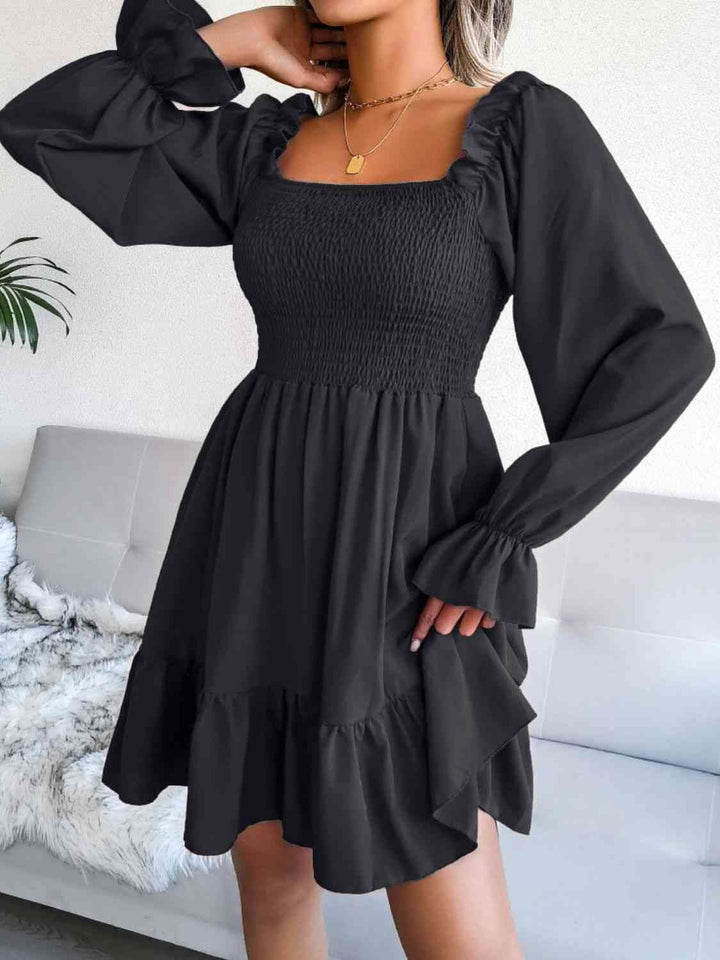 Smocked Flounce Sleeve Square Neck Dress |1mrk.com