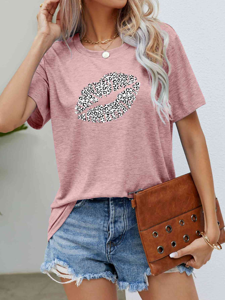 Leopard Lip Graphic Round Neck Tee | 1mrk.com