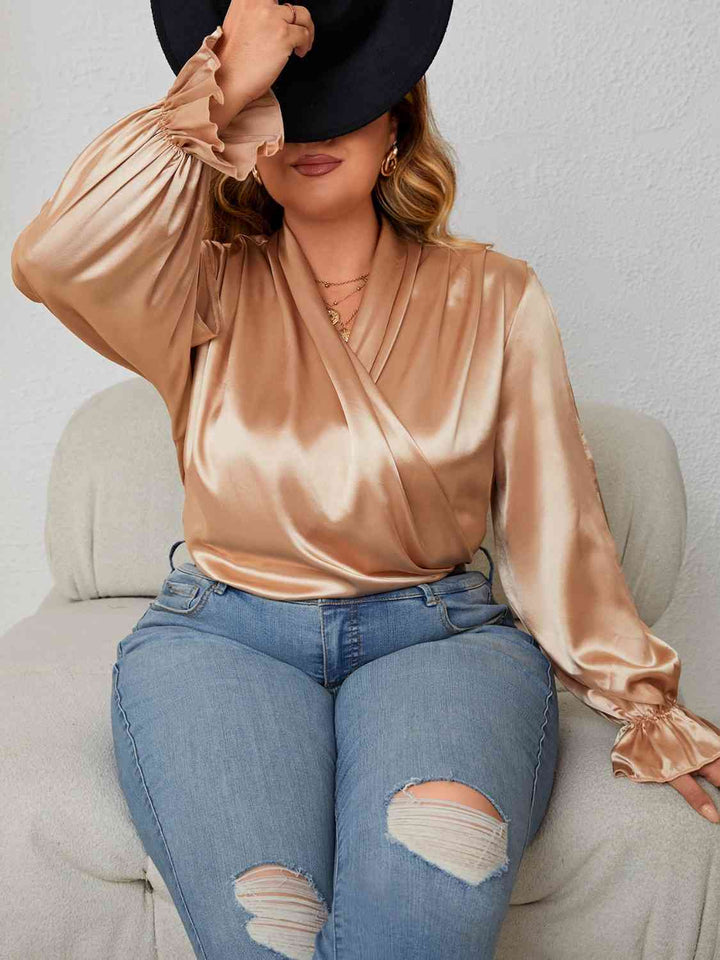 Plus Size Surplice Neck Flounce Sleeve Blouse |1mrk.com