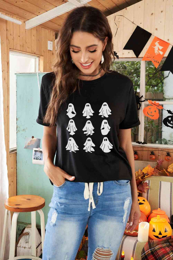 Round Neck Short Sleeve Ghost Graphic T-Shirt | 1mrk.com