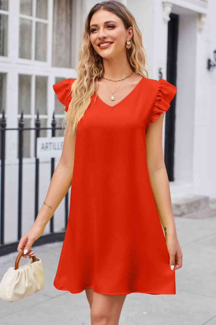 Ruffled V-Neck Flutter Sleeve Dress |1mrk.com