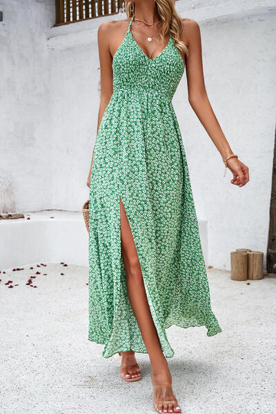 Smocked Slit Tied Printed Dress |1mrk.com